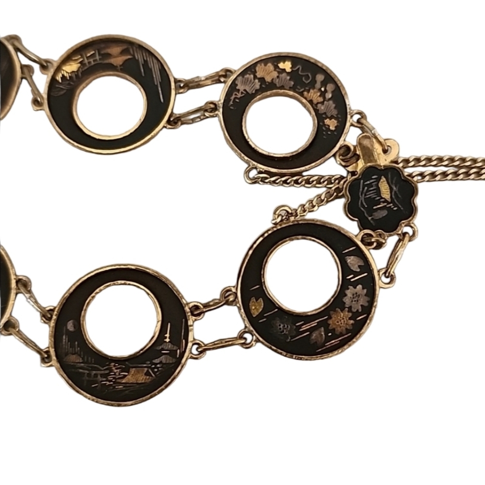 VINTAGE JAPANESE Damascene Bracelet Kyoto Gold Inlay 24K Silver Black Panel RARE - Picture 13 of 16